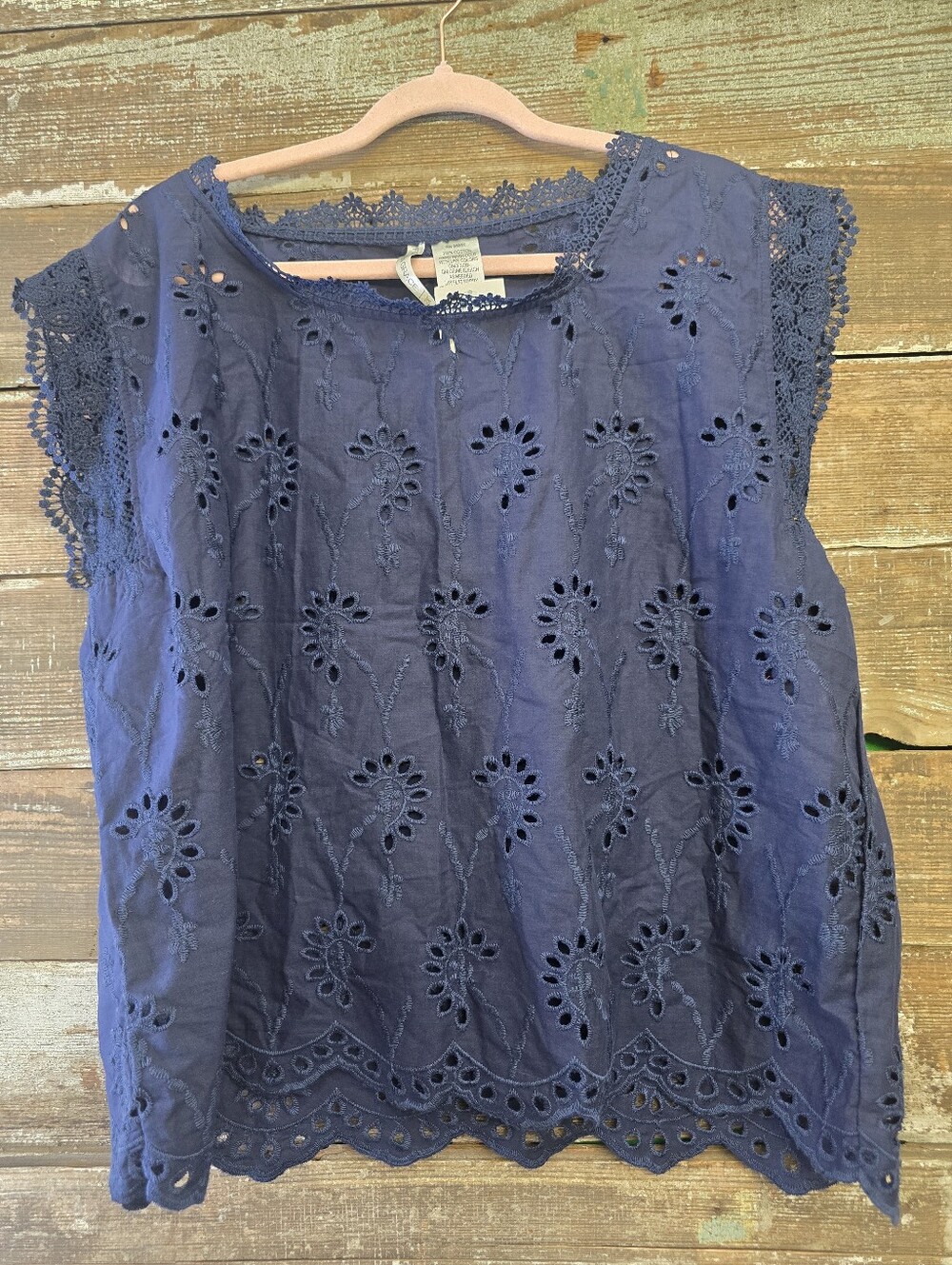 Forgotten Grace Eyelet Lace Cap-Sleeve Top in Navy, Size 2X, NWT
